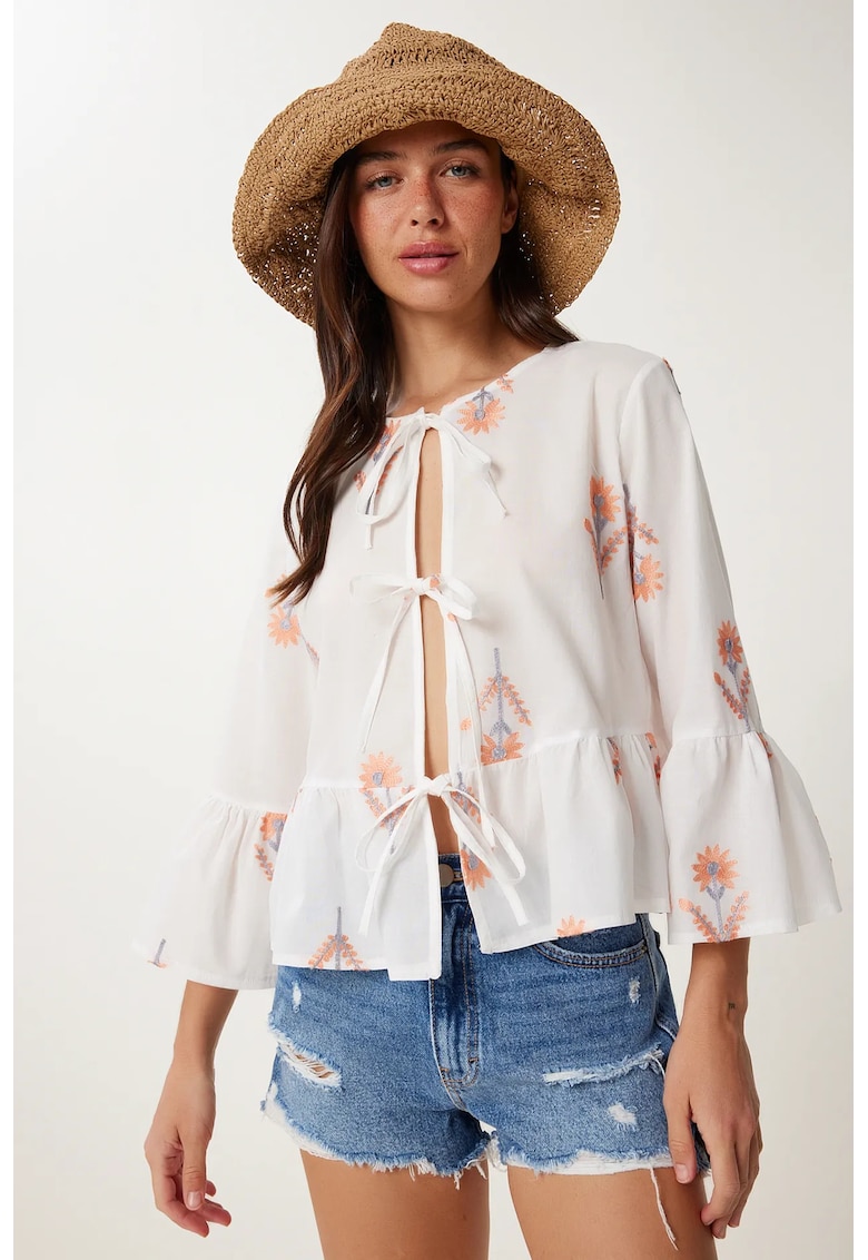 Bluza dama - Happiness Istanbul - florala - maneca lunga - alb - 100% bumbac