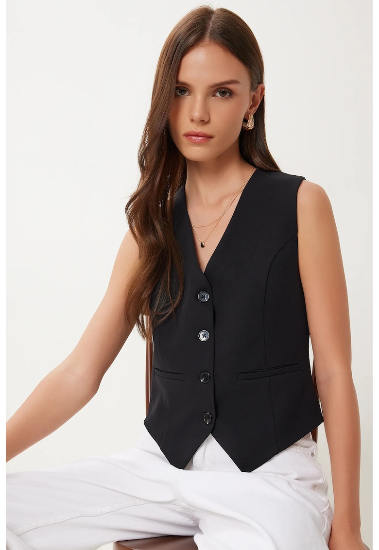 Vesta scurta - Happiness Istanbul - casual - negru - bumbac 70%