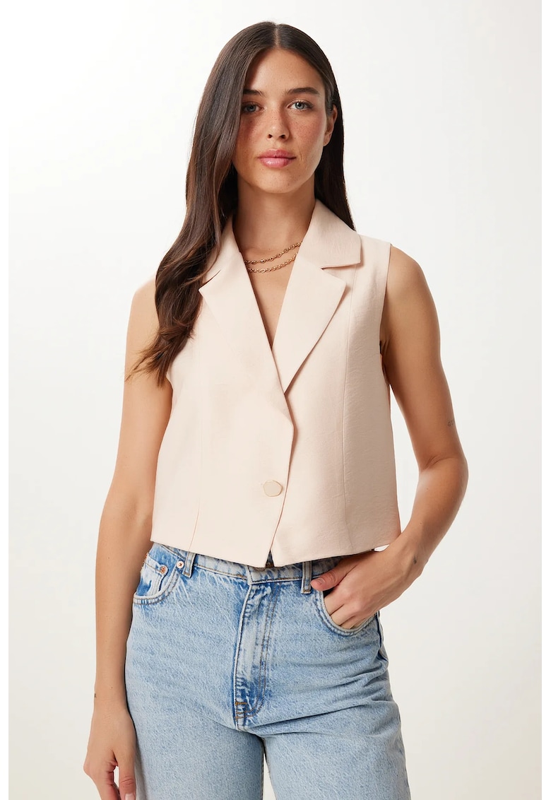 Vesta dama - Happiness Istanbul - scurta - casual - crem natural - 100% in - fara maneci