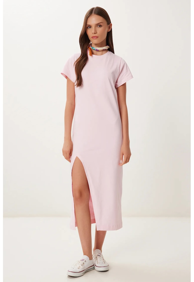 Rochie midi - Happiness Istanbul - casual - roz aprins - 100% bumbac - slit lateral