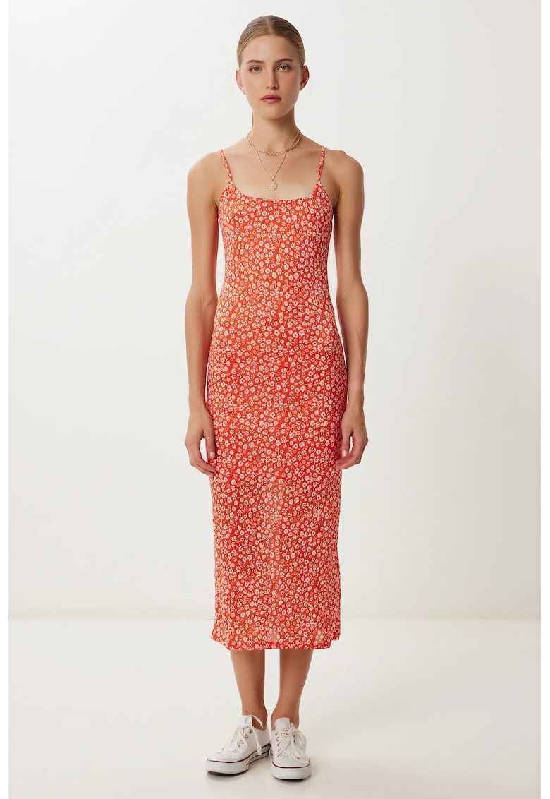 Rochie Midi Florala Fara Maneci Happiness Istanbul - Portocalie - Poliester-Elastan