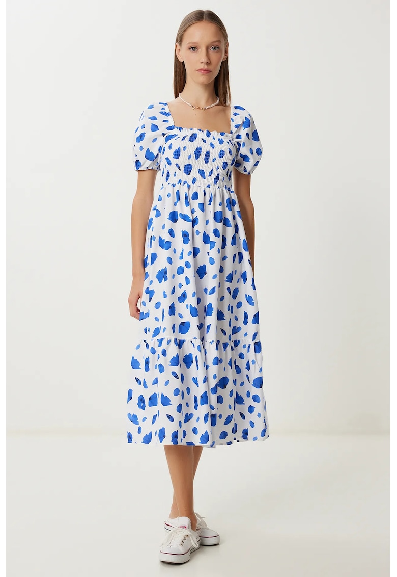 Rochie midi - Happiness Istanbul - imprimeu abstract - volanase - albastru - poliester-bumbac
