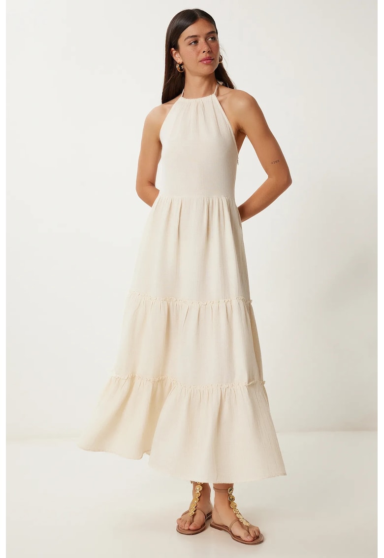 Rochie Maxi - Happiness Istanbul - cu volane - guler halter - crem - poliester-bumbac