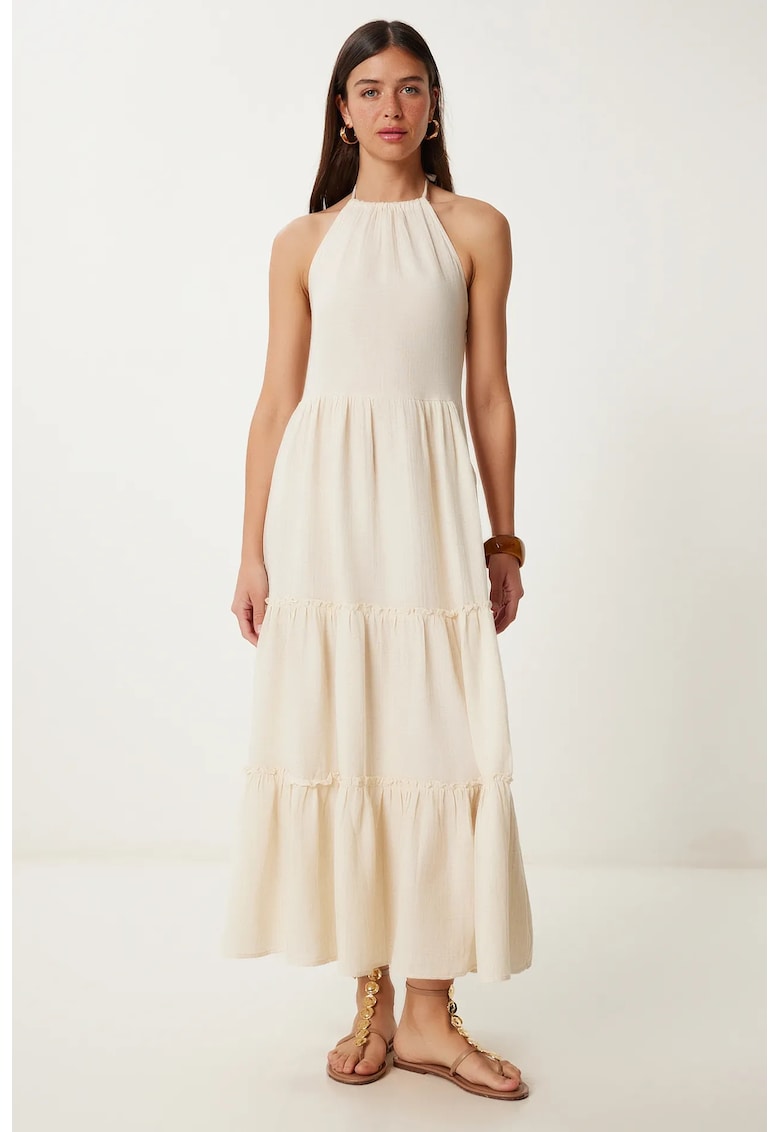 Rochie Maxi - Happiness Istanbul - cu volane - guler halter - crem - poliester-bumbac