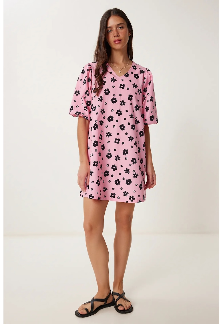 Rochie midi - Happiness Istanbul - croiala in A - fermoar - roz - bumbac elastan