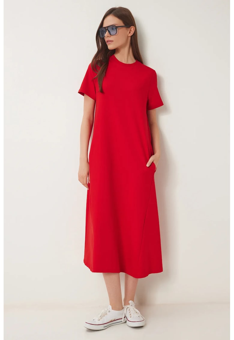 Rochie midi - Happiness Istanbul - rosie - maneci scurte - guler rotund - elastic - bumbac