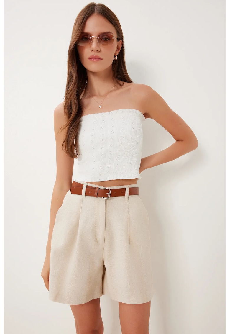 Pantaloni scurti - Happiness Istanbul - talie inalta - cu curea - bej natural - bumbac