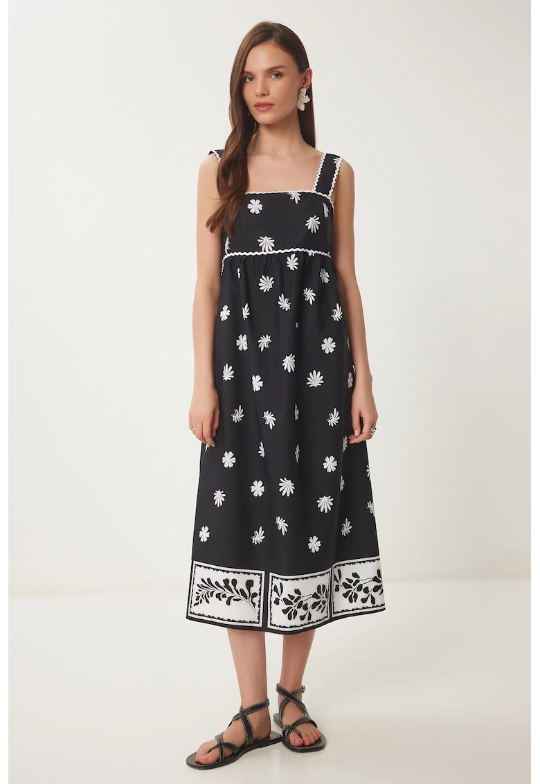 Rochie Midi - Happiness Istanbul - Guler Patrat - volane - Negru - 100% bumbac