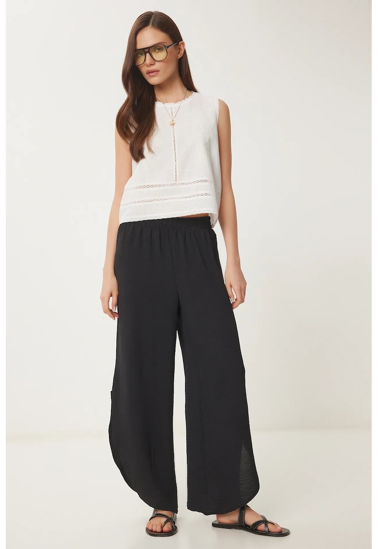 Pantaloni dama - Happiness Istanbul - picior larg - elastic - negru - poliester