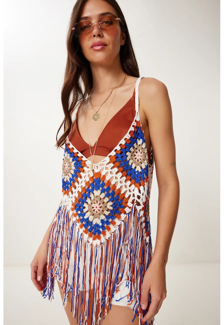 Bluza tricotata - Happiness Istanbul - decolteu in V - detalii cu ciucuri - Maya Blue - 100% bumbac