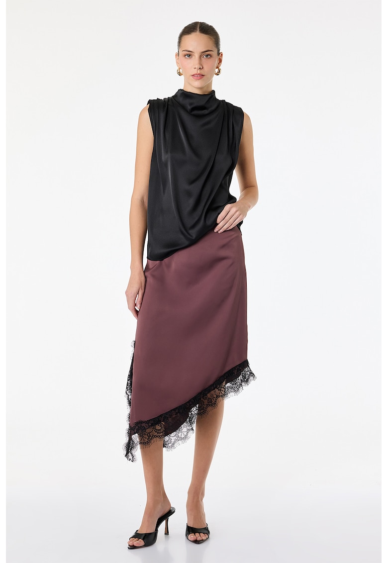 Fusta midi asimetrica cu garnituri de dantela - Negru/Roz inchis
