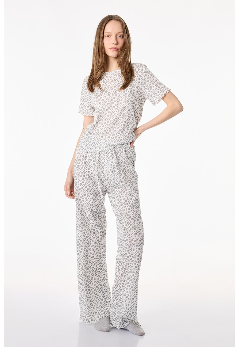 Pijama de bumbac cu animal print - Alb/Gri inchis