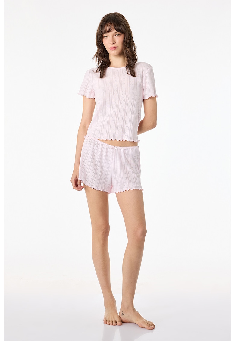 Pijama din amestec de modal cu pantaloni scurti - Nude rose