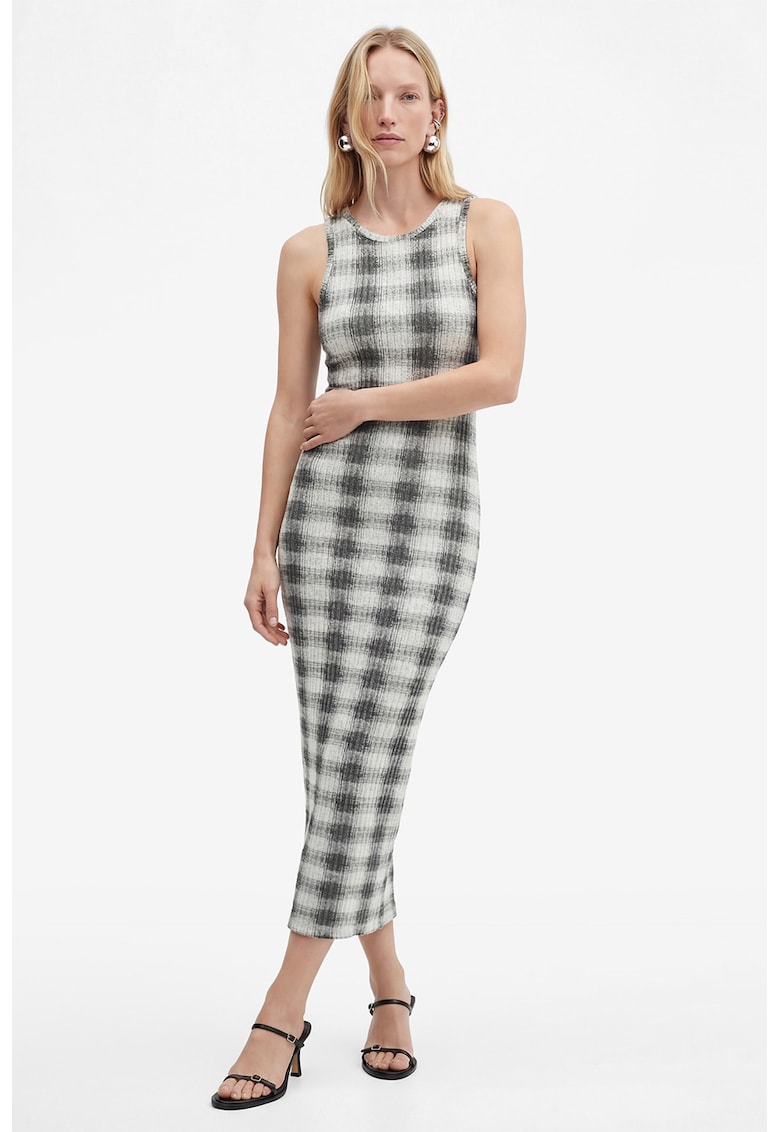 Rochie fara maneci cu model in carouri - Alb fildes/Gri antracit