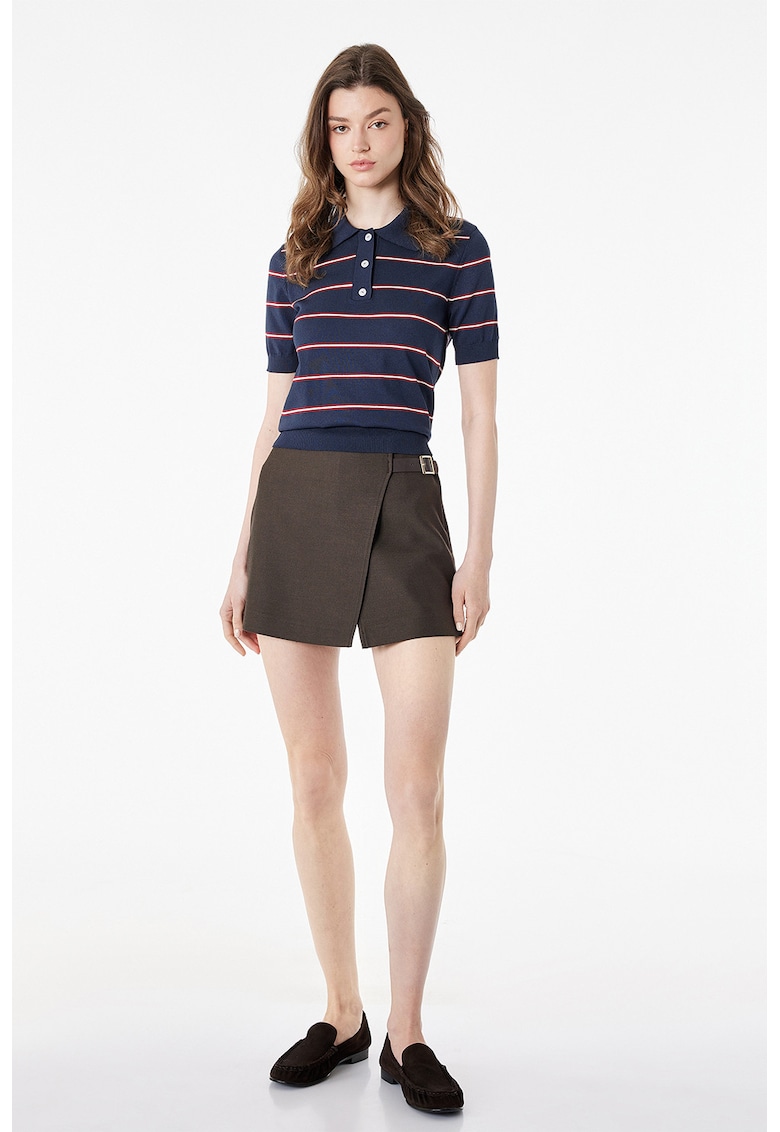 Fusta-pantalon mini cu catarama decorativa - Maro inchis