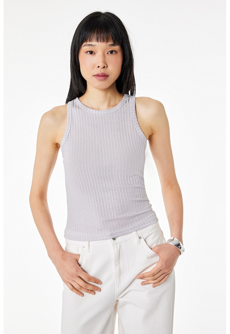 Top crop cu croiala slim-fit si striatii - Gri deschis