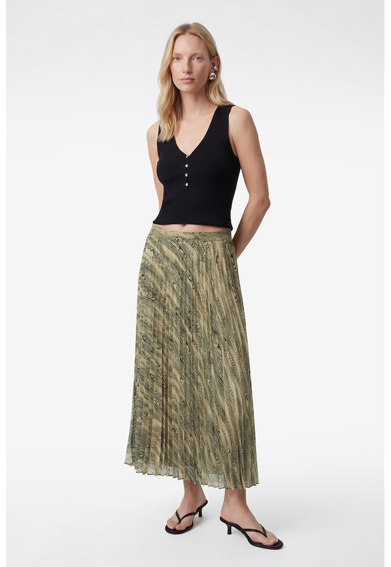 Fusta cu pliuri si model abstract - Negru/Crem