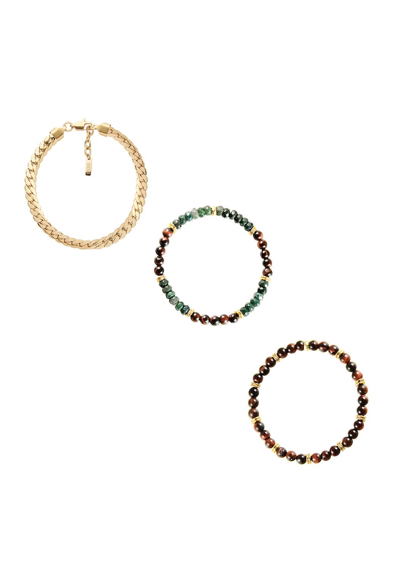 Set de bratari elastice si din lant Voyager - 3 piese - Auriu/Maro cognac/Verde feriga