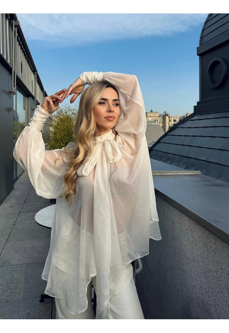 Bluza din voal ivory cu micro-cristale si maneci ample - Alb