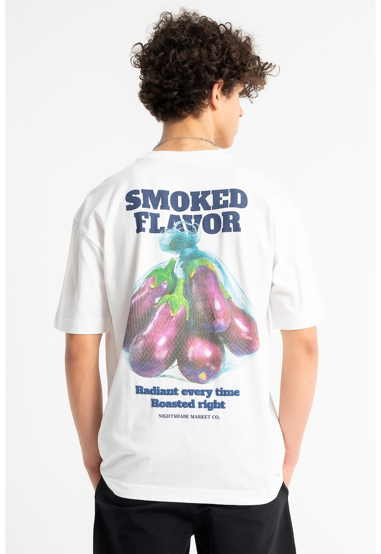 Tricou din bumbac cu imprimeu si maneci cazute - Alb
