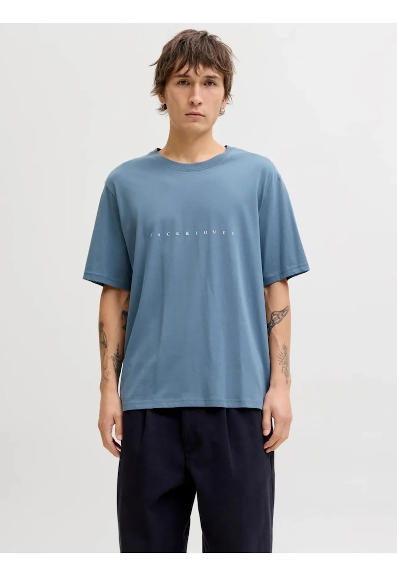 Tricou barbati JJESTAR JJ TEE SS - cu textul Jack & Jones - Relaxed Fit - Albastru inchis