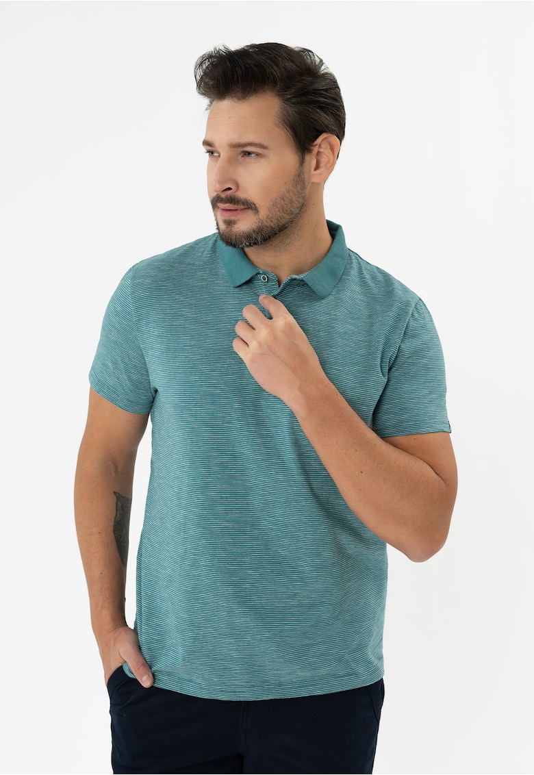 Tricou polo barbati cu dungi din bumbac - Regular Fit - O-Mango - turcoaz - Turcoaz