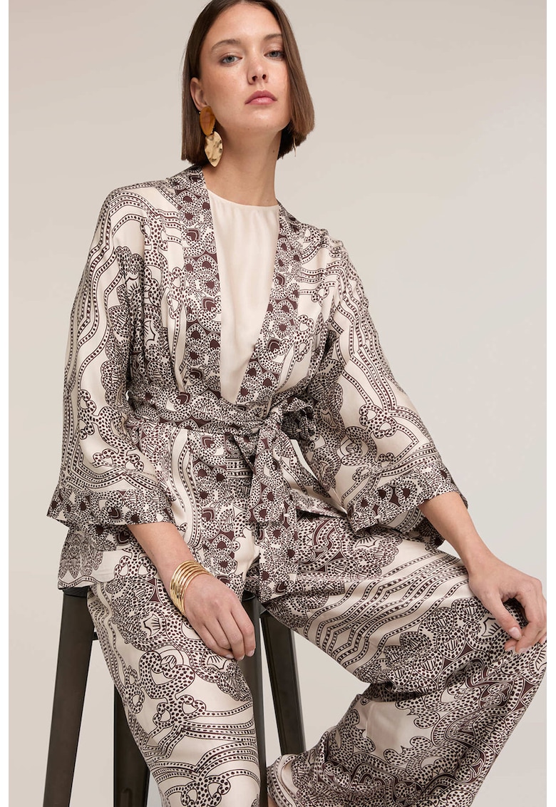 Chimono din satin cu model si cordon in talie - Negru/Alb murdar