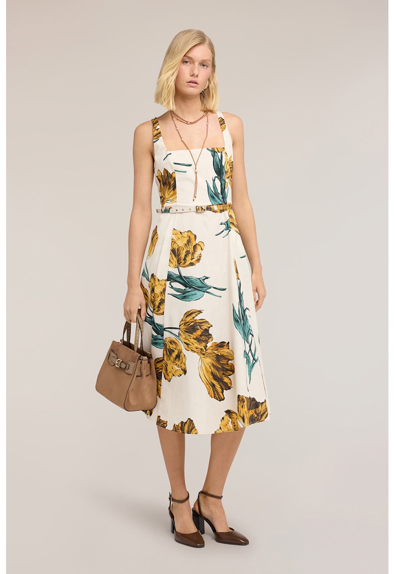 Rochie cu decolteu patrat si model floral - Verde/Alb fildes/Portocaliu