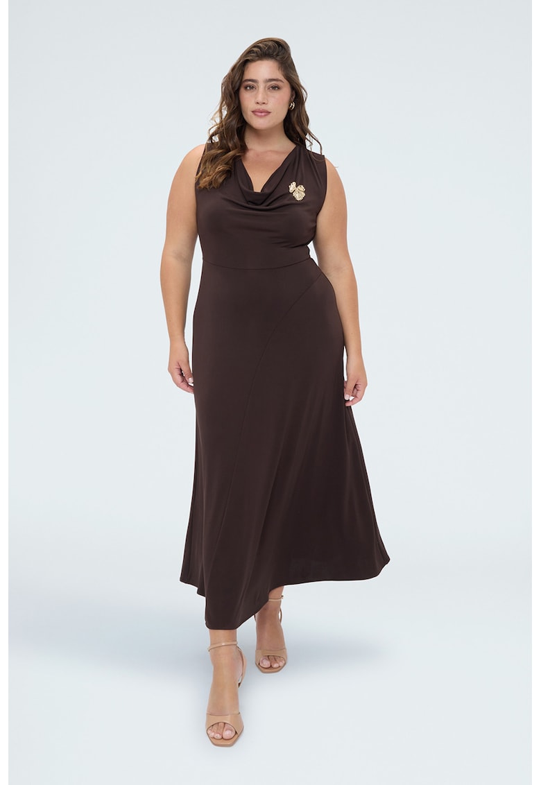 Rochie midi evazata cu decolteu drapat - Maro inchis