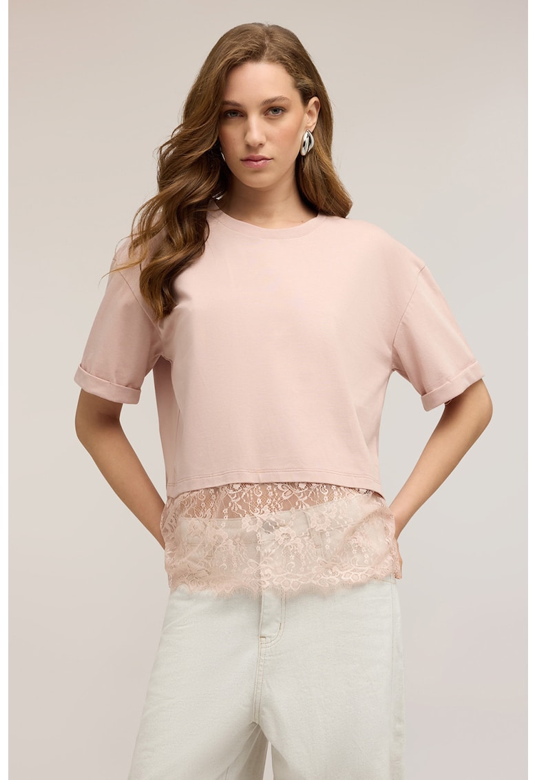 Tricou din bumbac cu garnitura din dantela - Nude rose