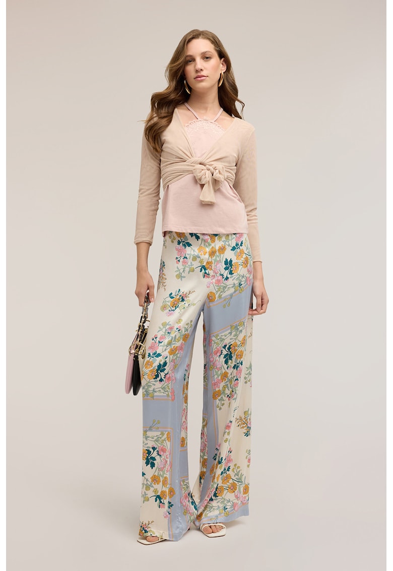 Pantaloni cu croiala dreapta si model floral - Alb/Galben/Albastru