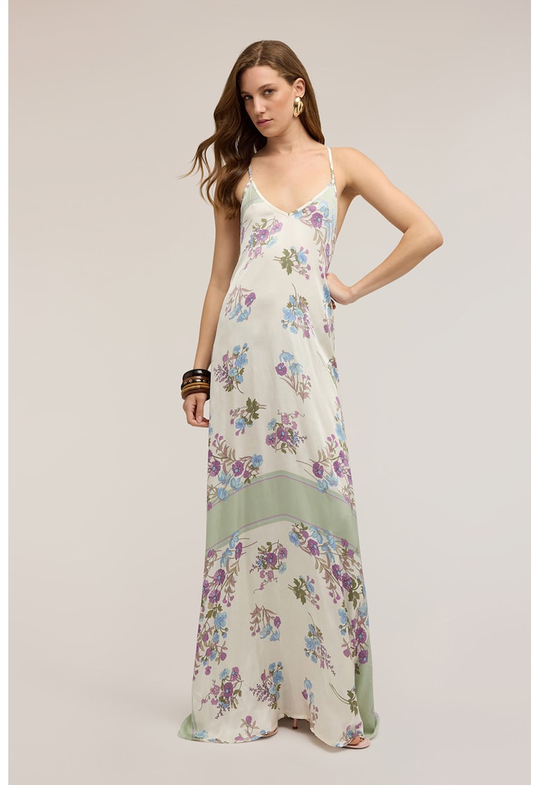 Rochie maxi cu model floral - Lila/Alb murdar/Verde fistic