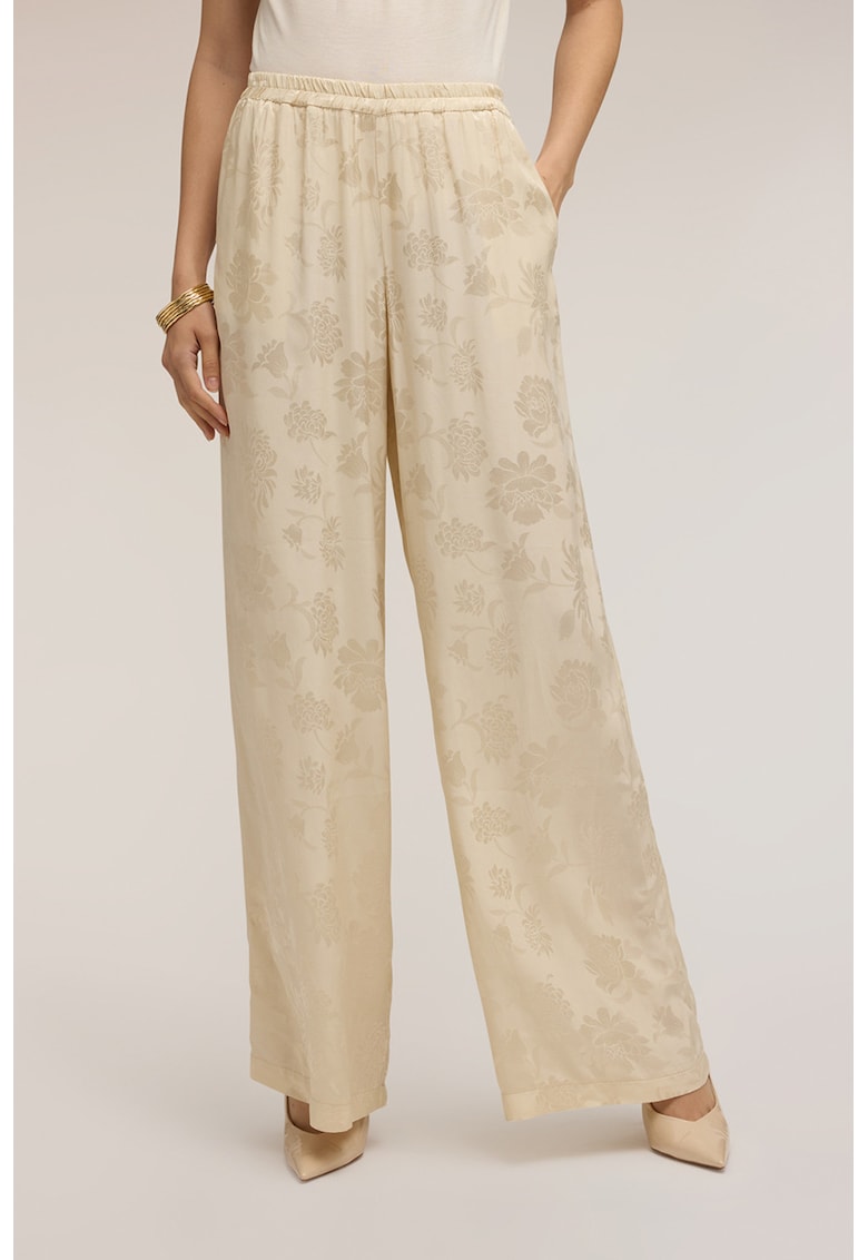 Pantaloni cu croiala dreapta - talie medie si model floral - Crem