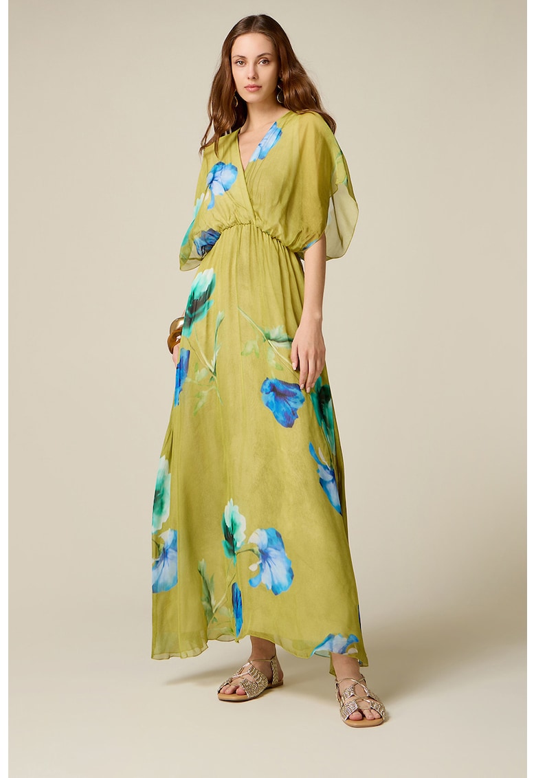 Rochie maxi din amestec de matase - Masliniu deschis/Albastru