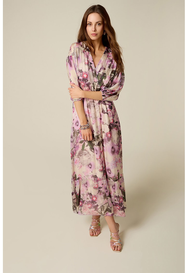 Rochie din amestec de matase cu model floral - Lila/Roz orhidee
