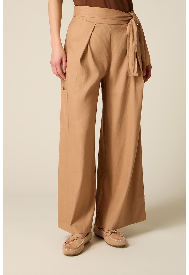 Pantaloni din amestec de in cu croiala ampla si buzunare laterale - Portocaliu deschis