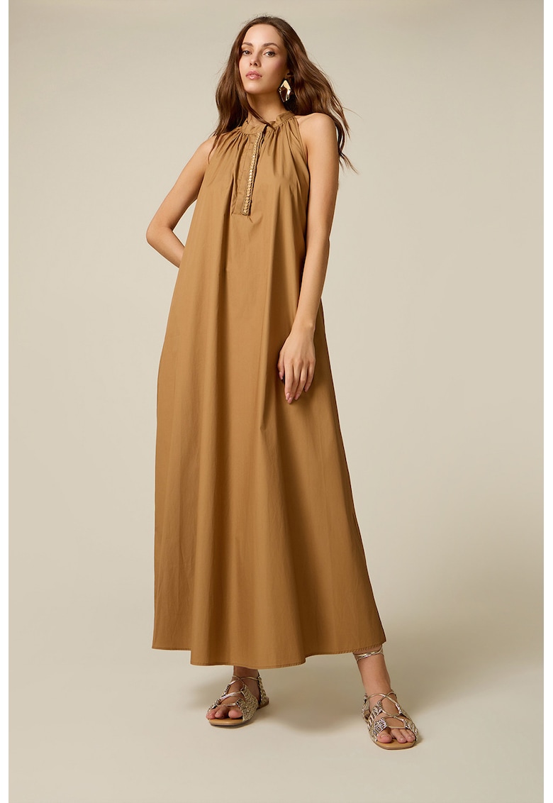 Rochie din bumbac cu detaliu bijuterie - Maro camel