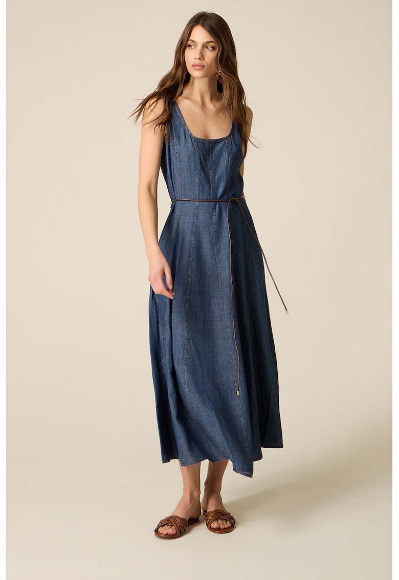 Rochie midi din denim cu cordon in talie - Bleumarin