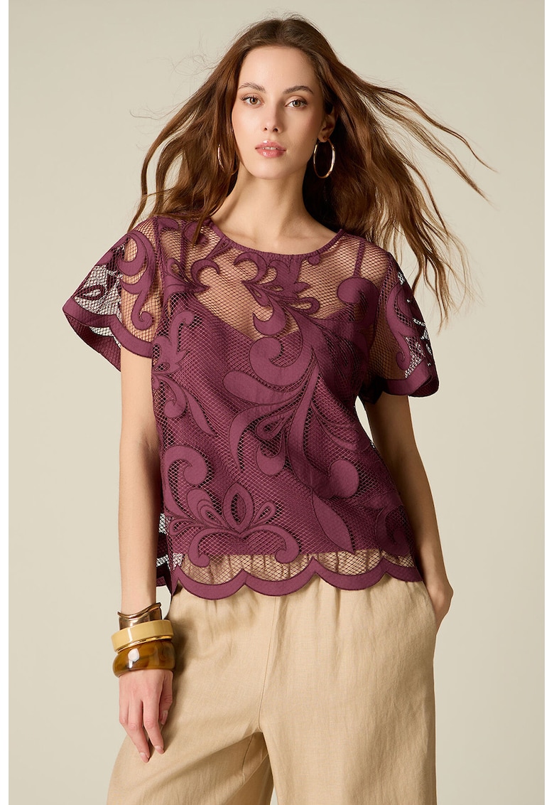 Bluza din plasa cu maneci scurte si model floral - Violet pruna