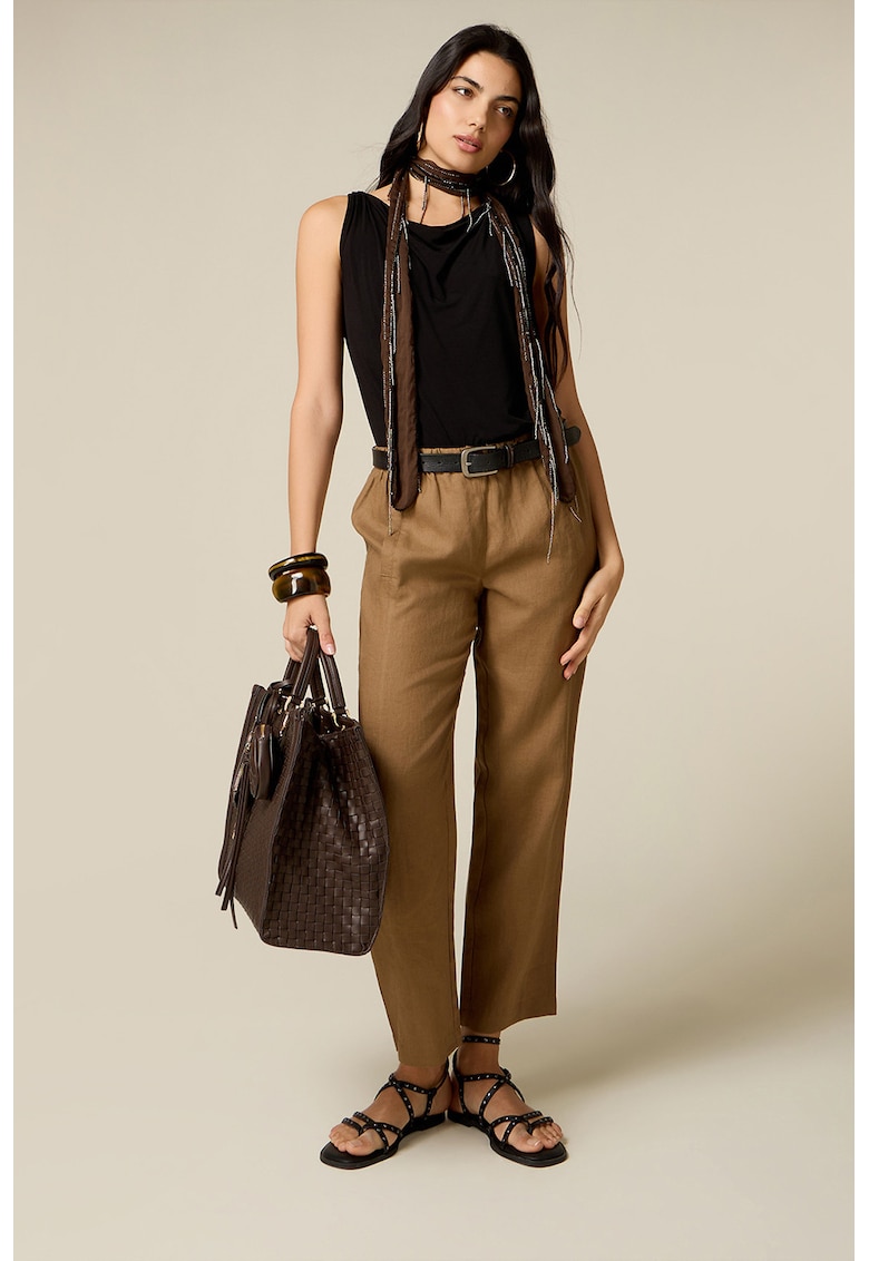 Pantaloni din in cu snur in talie - Maro camel