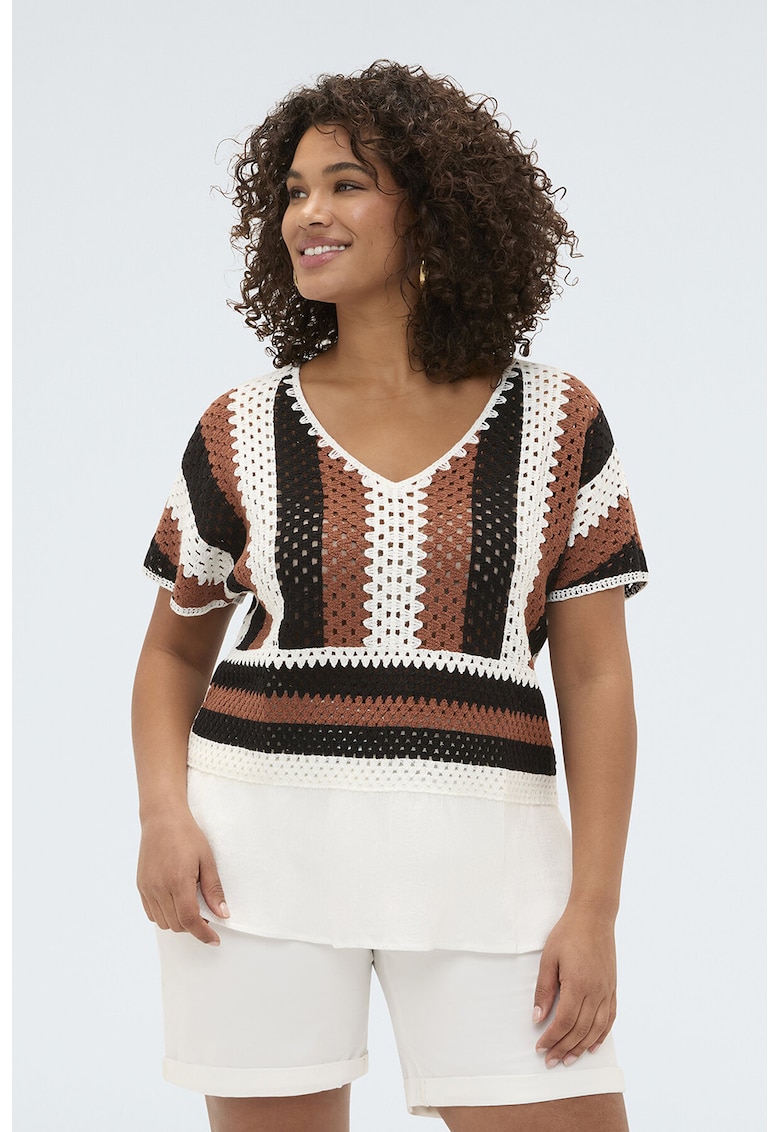 Bluza tricotata cu decolteu in V - Alb/Negru/Maro