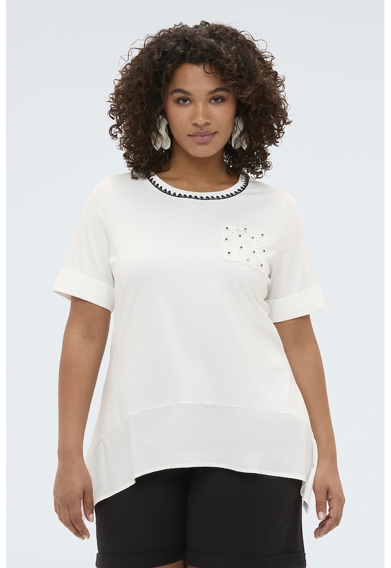 Tricou cu broderie florala - Alb/Negru