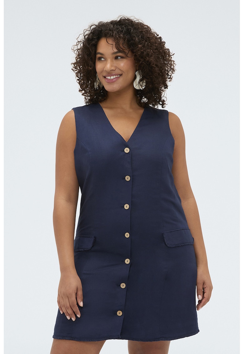 Rochie din amestec de in cu croiala dreapta si nasturi - Bleumarin