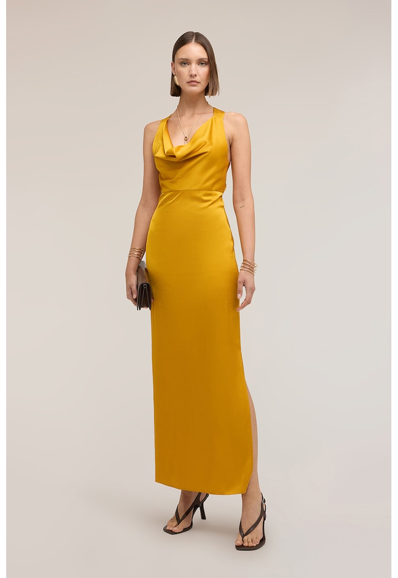 Rochie halter din satin cu decupaj lateral - Galben miere