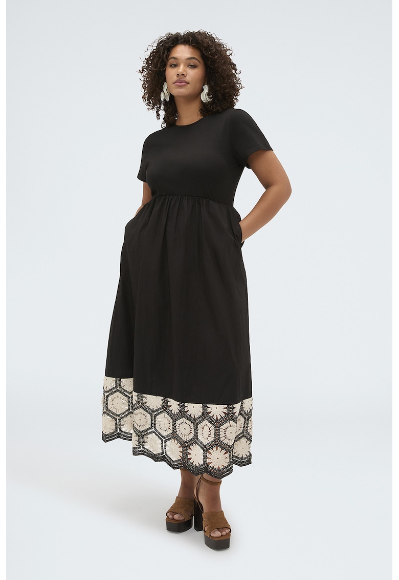 Rochie evazata cu buzunare laterale - Alb fildes/Negru