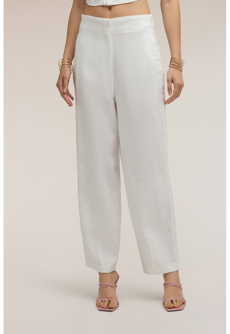 Pantaloni din amestec de in cu buzunare laterale - Alb