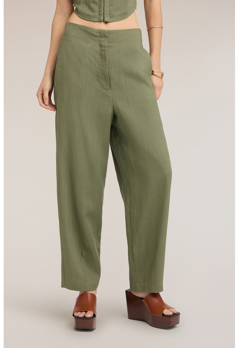 Pantaloni din amestec de in cu buzunare laterale - Verde stins
