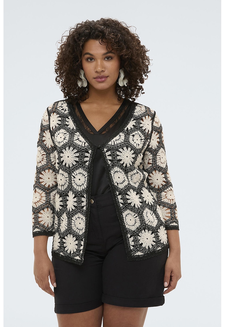 Cardigan cu maneci trei sferturi si broderie - Alb fildes/Negru