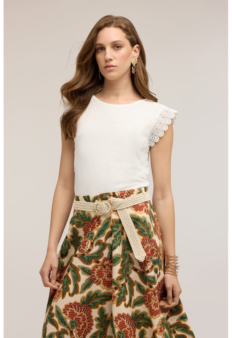 Bluza slim fit din amestec de in cu garnituri din dantela - Alb