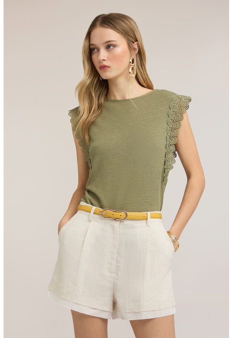 Bluza slim fit din amestec de in cu garnituri din dantela - Verde stins